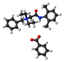 Ball-and-stick models of the both ions in denatonium benzoate