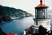 A closeup of the Heceta Head Light tower