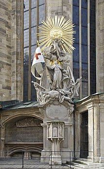 The dying, half-naked 'Turk' slips down along with his weapons. The body of the vanquished serves as a stepping stone for the transfigured Christian to ascend toward heaven. The baroque apotheosis (1738) above the Capistrano pulpit on the north side of St Stephen's Cathedral in Vienna shows John of Capistrano, canonized in 1690, as the vanquisher of the 'Turks'. Moreover, until after 1945 the inscription '1683 -schau Mahomet, du Hunt' (1683 -Look Muhammad, You Dog) hung resplendent above the main entrance of the cathedral. It was only removed by order of Cardinal Franz König.