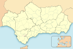 Mapa konturowa Andaluzji, po prawej nieco u góry znajduje się punkt z opisem „Peal de Becerro”