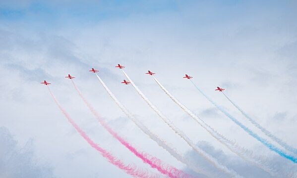 Red Arrows in formation flight at the Royal International Air Tattoo 2023.