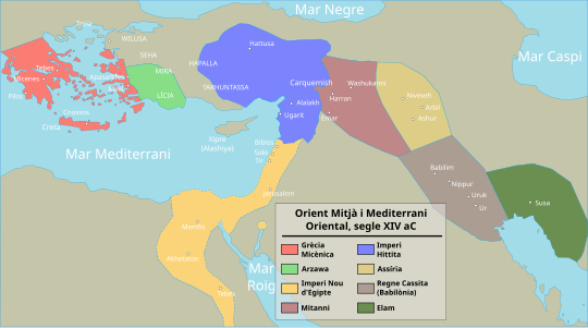 Mapa de l'Antic Orient Pròxim durant el període d'Amarna (segle XIV aC), que mostra les grans potències de l'època: Egipte (taronja), Hatti (blau), el regne cassita de Babilònia (negre), Assíria (groc) i Mitanni (marró). L'amplitud de la civilització aquea / micènica es mostra en morat.