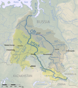 Map of the course of the Irtysh river, from its sources on the Mongolia-China border, across northern Kazakhstan and through Siberia before emptying into the Arctic Ocean