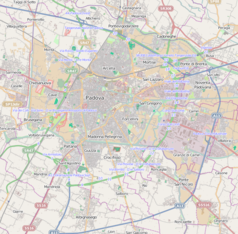 Mapa konturowa Padwy, u góry nieco na lewo znajduje się punkt z opisem „Euganeo”