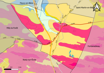 Carte montrant en couleurs le zonage géologique simplifié d'une commune