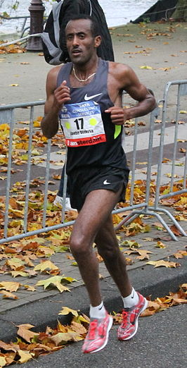 Tijdens de marathon van Amsterdam in 2012