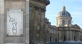 Placa informativa que indica el antiguo emplazamiento de la torre de Nesle, cerca del Instituto de Francia, en el quai de Conti