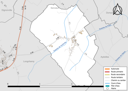 Carte en couleur présentant le réseau hydrographique de la commune