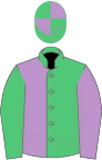 Emerald green and mauve halved, sleeves reversed, quartered cap