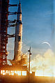 The Apollo 8 Saturn V builds thrust after ignition of the S-IC first stage F-1 engines on December 21, 1968