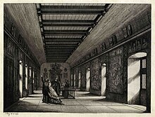 Gravure représentant une perspective de la galerie des Cerfs, qui est percée de fenêtres. Deux personnages admirent les portraits accrochés sur le long des murs.