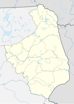 Mapa konturowa województwa podlaskiego, w centrum znajduje się punkt z opisem „Parafia pw. Trójcy Przenajświętszej w Tykocinie”