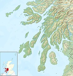 Mapa konturowa Argyll and Bute, u góry po lewej znajduje się punkt z opisem „Tiree”