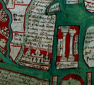 Detalle do mapamundi de Ranulf Hidgen. O mapa coloca St. Iacobi, a Catedral de Santiago, ocupando todo o norte da península ibérica. Ano ca. 1350