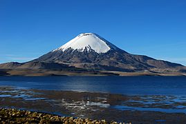 The grey lava domes and a black Ajata lava flow are clearly visible