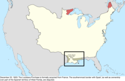 Map of the change to the international disputes involving the United States in central North America on December 20, 1803