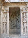 Temple entrance, with bas-reliefs on interior wall