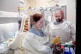 BSL-4 research scientists at the NIAID Integrated Research Facility in Ft Detrick, Maryland preparing noninfectious laboratory materials.jpg