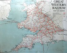 A map showing Wales and south west England. The words "Great Western Railway" are at top left, the sea is pale blue and railway lines red, many of which seem to radiate from London on the right