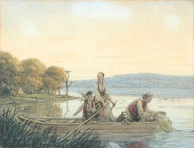 Garnet røgtes; familie og hund i jolle på søen, 1859