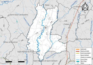 Carte en couleur présentant le réseau hydrographique de la commune