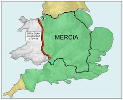 The Kingdom of Mercia (thick line) and the kingdom's greatest extent during the Mercian Supremacy (green shading)