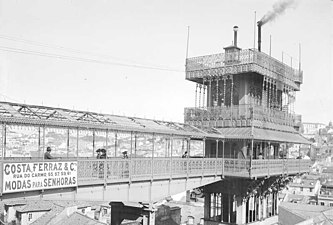 A photograph of the Santa Justa Lift, as it appeared prior to a 1907 conversion to electric power.