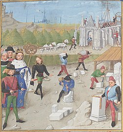 Dagobert visiting the construction site of Saint-Denis "Les Grandes Chroniques de France". 15th century, Bibliothèque nationale de France