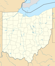 Mapa konturowa Ohio, blisko lewej krawiędzi nieco na dole znajduje się punkt z opisem „Miami University”