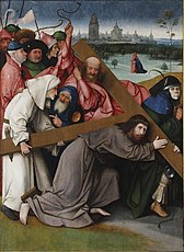 Hieronymus Bosch and/or workshop. Christ Carrying the Cross label QS:Lit,"cristo portacroce" label QS:Lja,"十字架を担うキリスト" label QS:Lfr,"Le portement de croix" label QS:Lpl,"Jezus dźwigający krzyż" label QS:Lnl,"De kruisdraging" label QS:Lru,"Несение креста" label QS:Lde,"Die Kreuztragung Christi" label QS:Len,"Christ Carrying the Cross" label QS:Lsl,"Kristus nosi križ" label QS:Lmk,"Носење на крстот" label QS:Les,"Cristo con la Cruz a cuestas" . circa 1492-1516. oil on panel medium QS:P186,Q296955;P186,Q106857709,P518,Q861259 . 150 × 94 cm (59 × 37 in). Madrid, Royal Palace.