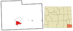 Cheyennes läge i Laramie County och Wyoming.