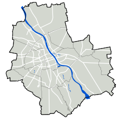 Mapa konturowa Warszawy, blisko centrum na lewo znajduje się punkt z opisem „Ulica Henryka Sienkiewicza w Warszawie”