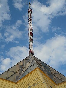 The Wisconsin Pavilion's pinnacle, which contains a sign spelling out the name "Wisconsin"