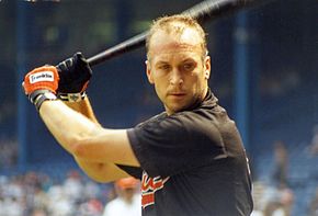 A baseball player in a black jersey