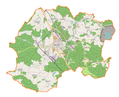 Mapa konturowa gminy Polkowice, po prawej nieco na dole znajduje się punkt z opisem „Pieszkowice”