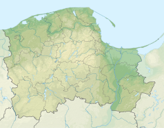 Mapa konturowa województwa pomorskiego, po lewej nieco na dole znajduje się punkt z opisem „ujście”