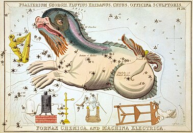 Carta 28: Psalterium Georgii, Fluvius Eridanus, Cetus, Officina Sculptoris, Fornax Chemica, i Machina Electrica