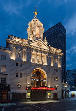 Victoria Palace Theatre in London at night, 2020.