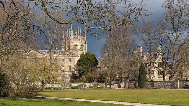 Merton College from Merton Field in the south. Merton Grove building on the right behind trees, Corpus Christi College Fellows Building on the left in the foreground.