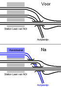 De 'nieuwe' kruising (sinds 2007 in gebruik) bij station Den Haag Laan v NOI