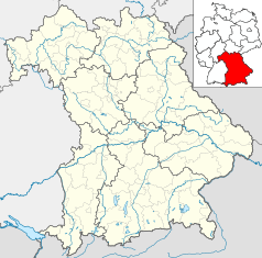 Mapa konturowa Bawarii, po prawej nieco na dole znajduje się punkt z opisem „Pasawa”