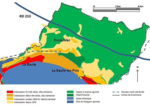 Plan différenciant les différents quartiers d'une ville balnéaire par des aplats de couleur.