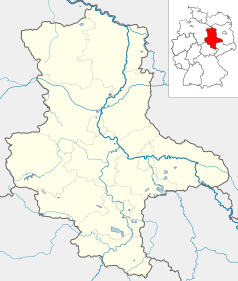 Mapa konturowa Saksonii-Anhaltu, u góry nieco na lewo znajduje się punkt z opisem „Bismark (Altmark)”