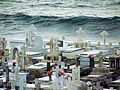 Waves of the Atlantic Ocean are the backdrop of the cemetery