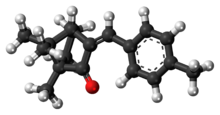 Ball-and-stick model of the 4-methylbenzylidene camphor molecule