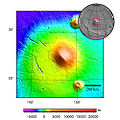 Elysium Mons, imagem capturado utilizando o MOLA. Elevações destacadas em diferentes cores.