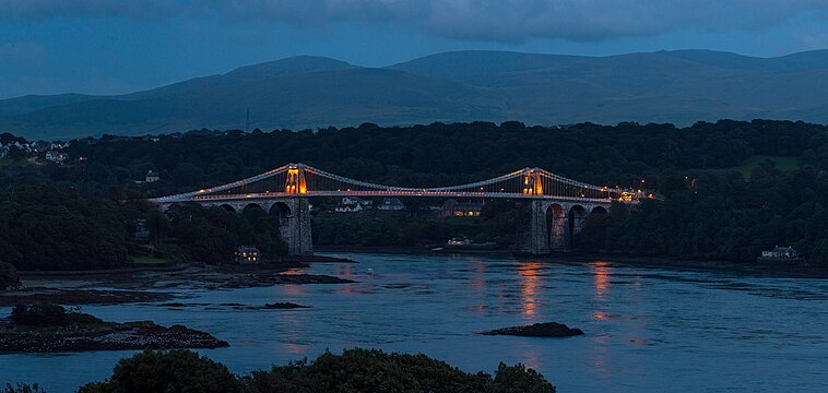 Menai Suspension Bridge across the Menai Strait seen from the west.