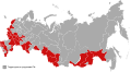 Federal subjects in which Communist candidate Gennady Zyuganov won the second round of voting in the 1996 presidential election (in red).