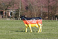 Das Abbild einer Kuh in den deutschen Farben mit der Aufschrift "Die faire Milch"