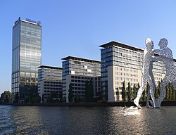 The building complex "Treptowers" and the sculpture "Molecule Man"